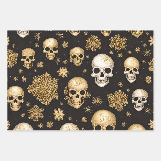 Gouden schedels en sneeuwvlokken Gotische Kerstmis Inpakpapier Vel (Voorkant)
