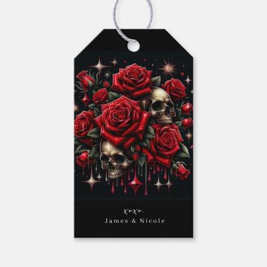 Gouden schedels & rode rozen schitteren gotische g cadeaulabel (Voorkant)