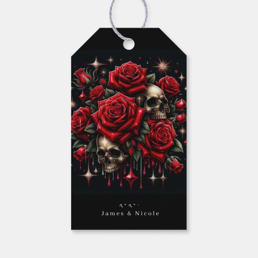 Gouden schedels & rode rozen schitteren gotische g cadeaulabel (Achterkant)