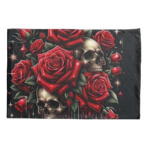 Gouden schedels & rode rozen schitteren gotische g kussensloop