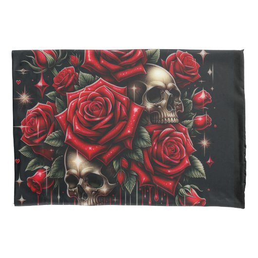 Gouden schedels & rode rozen schitteren gotische g kussensloop (Voorkant)