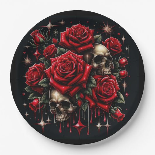 Gouden schedels & rode rozen schitteren gotische g papieren bordje (Voorkant)