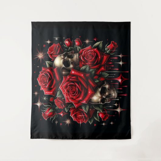 Gouden schedels & rode rozen schitteren gotische g wandkleed (Voorkant)