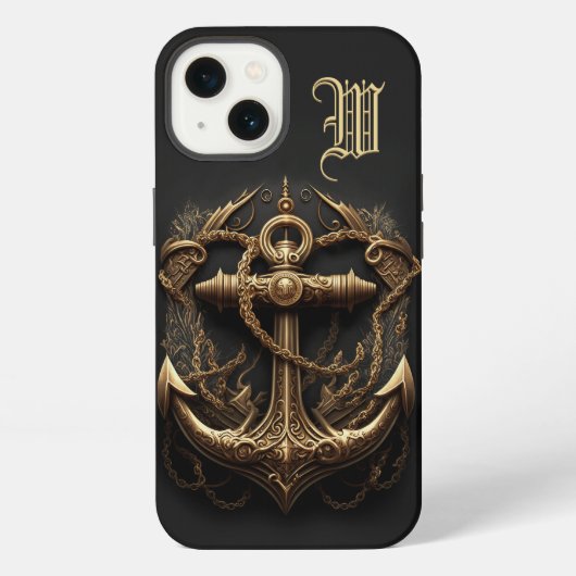 Gouden scheepsanker met monogram iPhone hoesje (Achterkant)