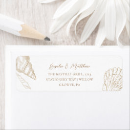 Gouden schelpen & witte kust bruiloft decor etiket