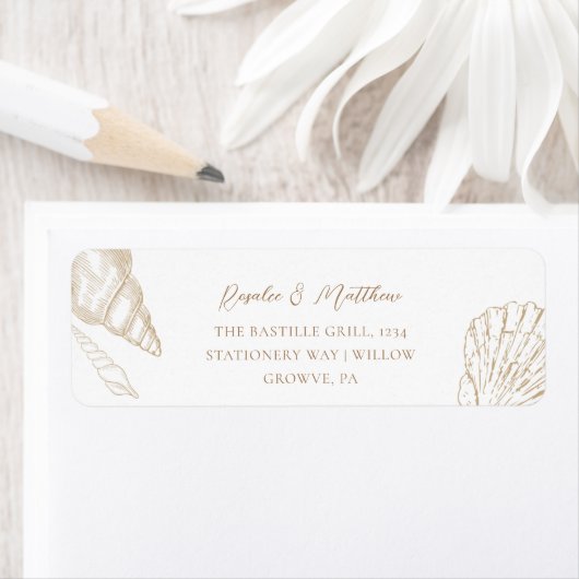 Gouden schelpen & witte kust bruiloft decor etiket (Insitu)