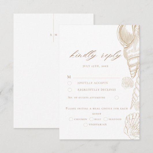 Gouden Schelpen & Witte Kust Bruiloft RSVP Kaart (Voorkant / Achterkant)