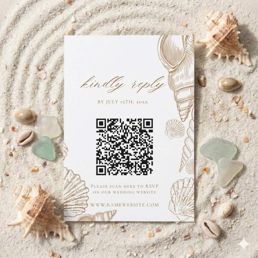 Gouden Schelpen & Witte Kust QR Code Trouwen RSVP Kaartje