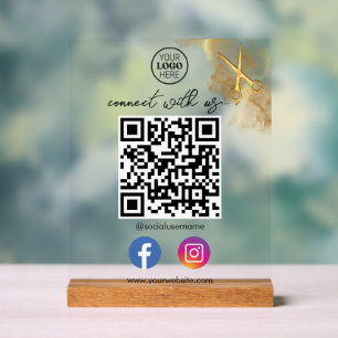 Gouden Scheren Metal Businesskaart Met QR-code Acryl Bord