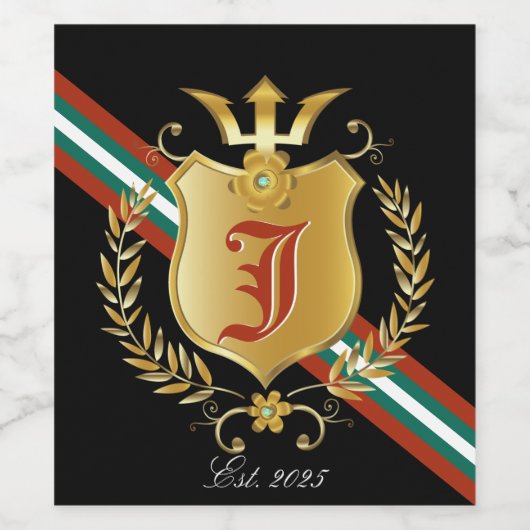 Gouden Schild & Crest Rood|Groene Streep Monogram Wijn Etiket (Enkel label)