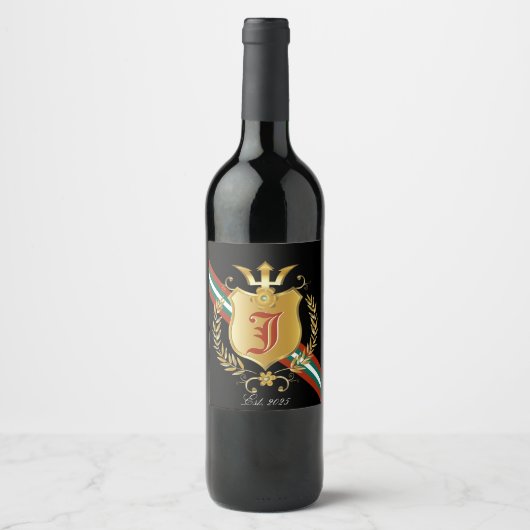 Gouden Schild & Crest Rood|Groene Streep Monogram Wijn Etiket (Voorkant)
