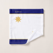 Gouden Schip Stuurwiel & Tekst op Blauw & Wit Bad Handdoek (Wasdoekje)