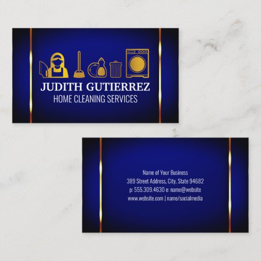 Gouden schoonmaakster pictogrammen | Blauw goud me Visitekaartje (Voorkant / Achterkant)
