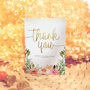Gouden Schrift Bedankt   Roze Waterverf Bloemen 