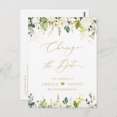 Gouden Schrift Datum Wijzigen Groene Witte Rozen Briefkaart (Voorkant / Achterkant)