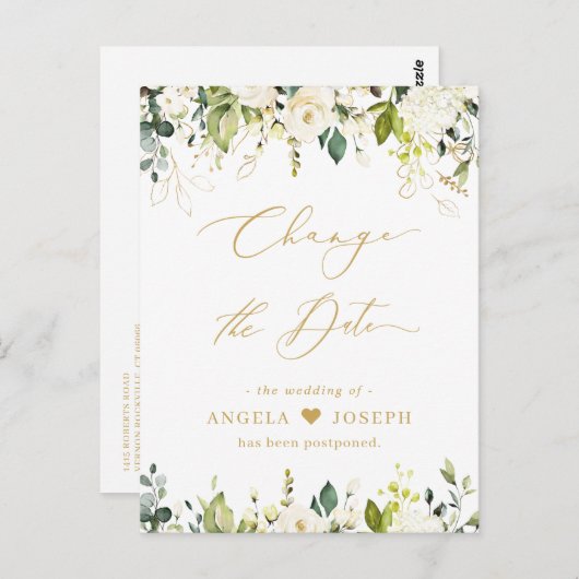 Gouden Schrift Datum Wijzigen Groene Witte Rozen Briefkaart (Voorkant / Achterkant)