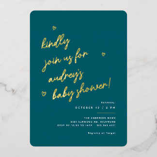 Gouden Schrift | Donker Teal Geslachtsneutrale Bab Folie Uitnodiging