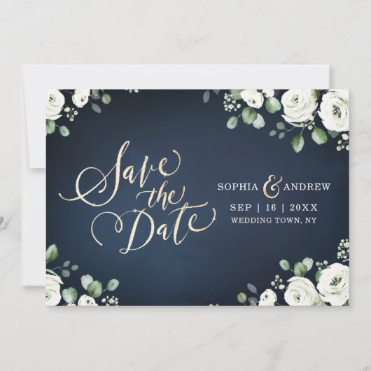 Gouden schrift donkerblauwe witte bloem save the d date (Voorkant)