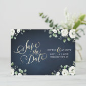 Gouden schrift donkerblauwe witte bloem save the d date (Staand voorkant)