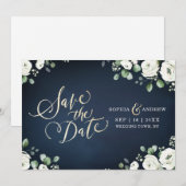 Gouden schrift donkerblauwe witte bloem save the d date (Voorkant / Achterkant)