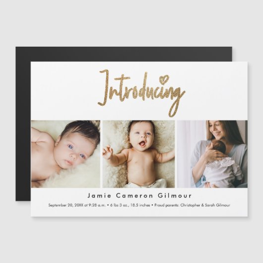 Gouden Schrift Introductie Aangepaste 3 foto Baby Magnetische Uitnodiging (Voorkant / Achterkant)
