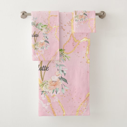 Gouden Schrift Monogram Roze Geode Agaat Bloem Bad Handdoek (Insitu)