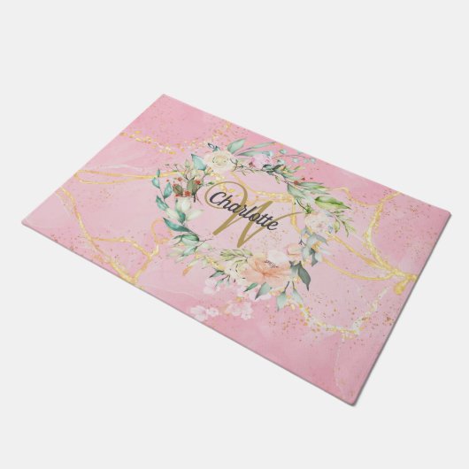 Gouden Schrift Monogram Roze Geode Agaat Bloem Deurmat (Schuin)