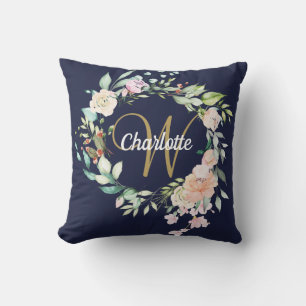 Gouden Schrift Monogramrozen Bloemendecor Navyblau Kussen