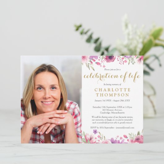 Gouden schrift rouwfeest met bloemmotief kaart (Staand voorkant)