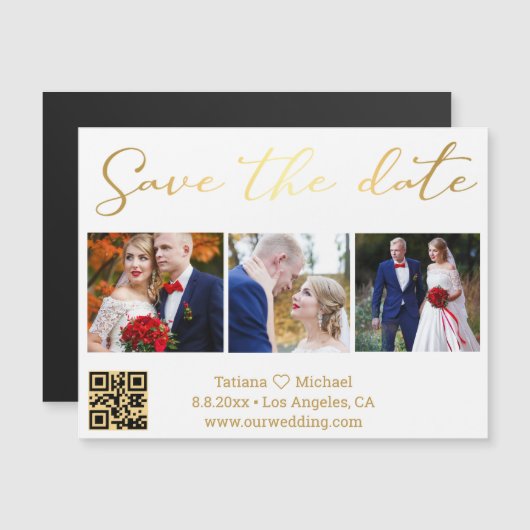 Gouden Script 3 Foto QR Code Save The Date Magneet (Voorkant / Achterkant)