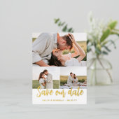 Gouden Script 3 Foto's Trouwdatum Opslaan Folie Uitnodiging Briefkaart (Staand Voorkant)