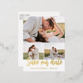 Gouden Script 3 Foto's Trouwdatum Opslaan Folie Uitnodiging Briefkaart (Voorkant / Achterkant)