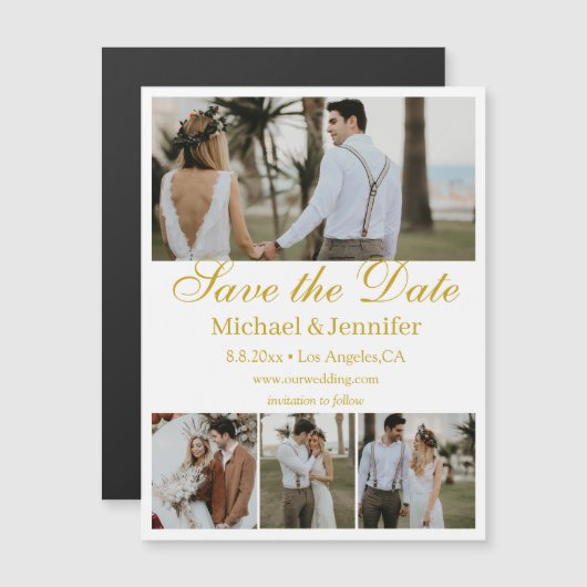 gouden script 4 foto's collage save the date magne (Voorkant / Achterkant)