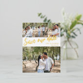 Gouden Script 4 Foto's Trouwdatum Besparen Folie Uitnodiging Briefkaart (Staand Voorkant)