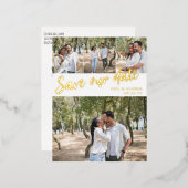 Gouden Script 4 Foto's Trouwdatum Besparen Folie Uitnodiging Briefkaart (Voorkant / Achterkant)