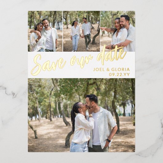 Gouden Script 4 Foto's Trouwdatum Besparen Folie Uitnodiging Briefkaart (Voorkant)