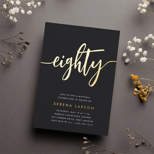 Gouden Script 80ste Verjaardagsfeestje Folie Uitnodiging