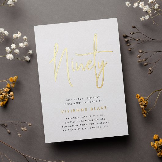 Gouden Script 90ste Verjaardagsfeest Folie Uitnodiging