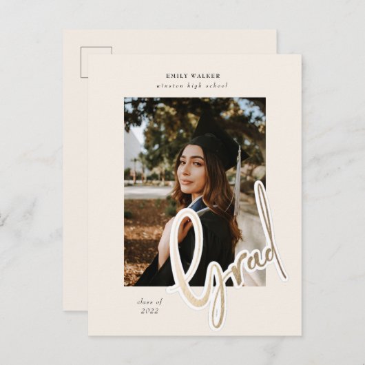 gouden script afstuderen aankondiging briefkaart (Voorkant / Achterkant)