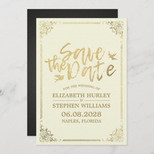 Gouden script bloem kader Save The Date Trouwen (Voorkant / Achterkant)
