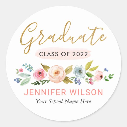 Gouden Script Bloemen Afstudeersticker Ronde Sticker (Voorkant)
