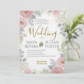 Gouden Script Blush Roze Stof Blauw Bloem Bruiloft Kaart (Staand voorkant)