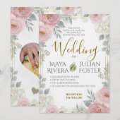 Gouden Script Blush Roze Stof Blauw Bloem Bruiloft Kaart (Voorkant / Achterkant)