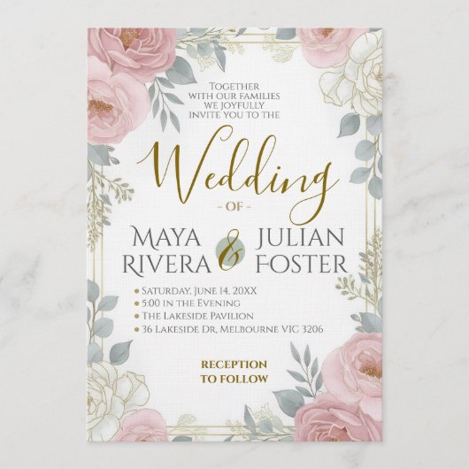 Gouden Script Blush Roze Stof Blauw Bloem Bruiloft Kaart (Voorkant)