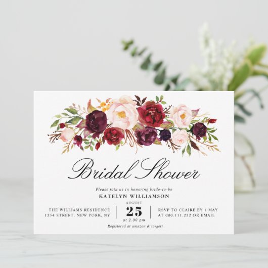 Gouden script bordeauxrood blos vrijgezellenfeest kaart (Staand voorkant)