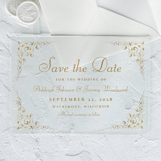 Gouden script botanisch kader trouwkaart save the  acryl uitnodigingen