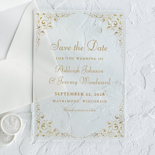 Gouden Script Botanische Frame Save The Date Acryl Uitnodigingen
