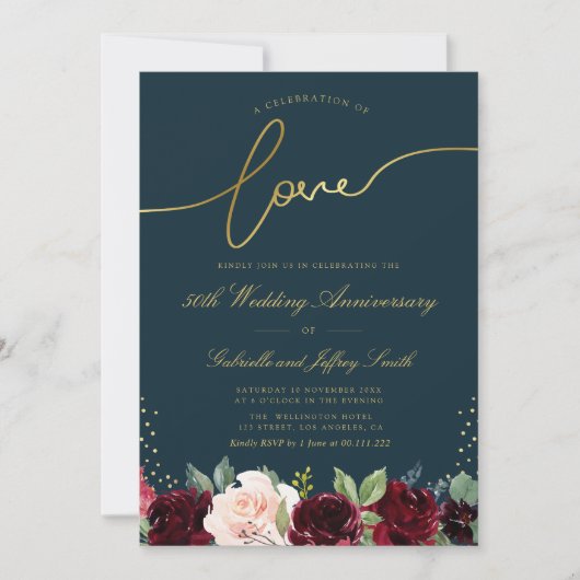 Gouden Script Bourgondische marine 50e trouwdag Kaart (Voorkant)