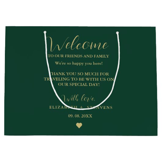 Gouden script bruiloft welkomsttas hotel gastzakke groot cadeauzakje (Voorkant)