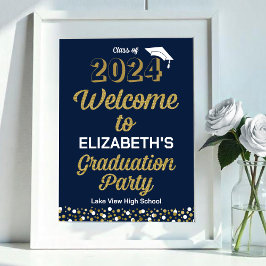 Gouden Script Confetti Afstudeerfeest Blauwe Welko Poster